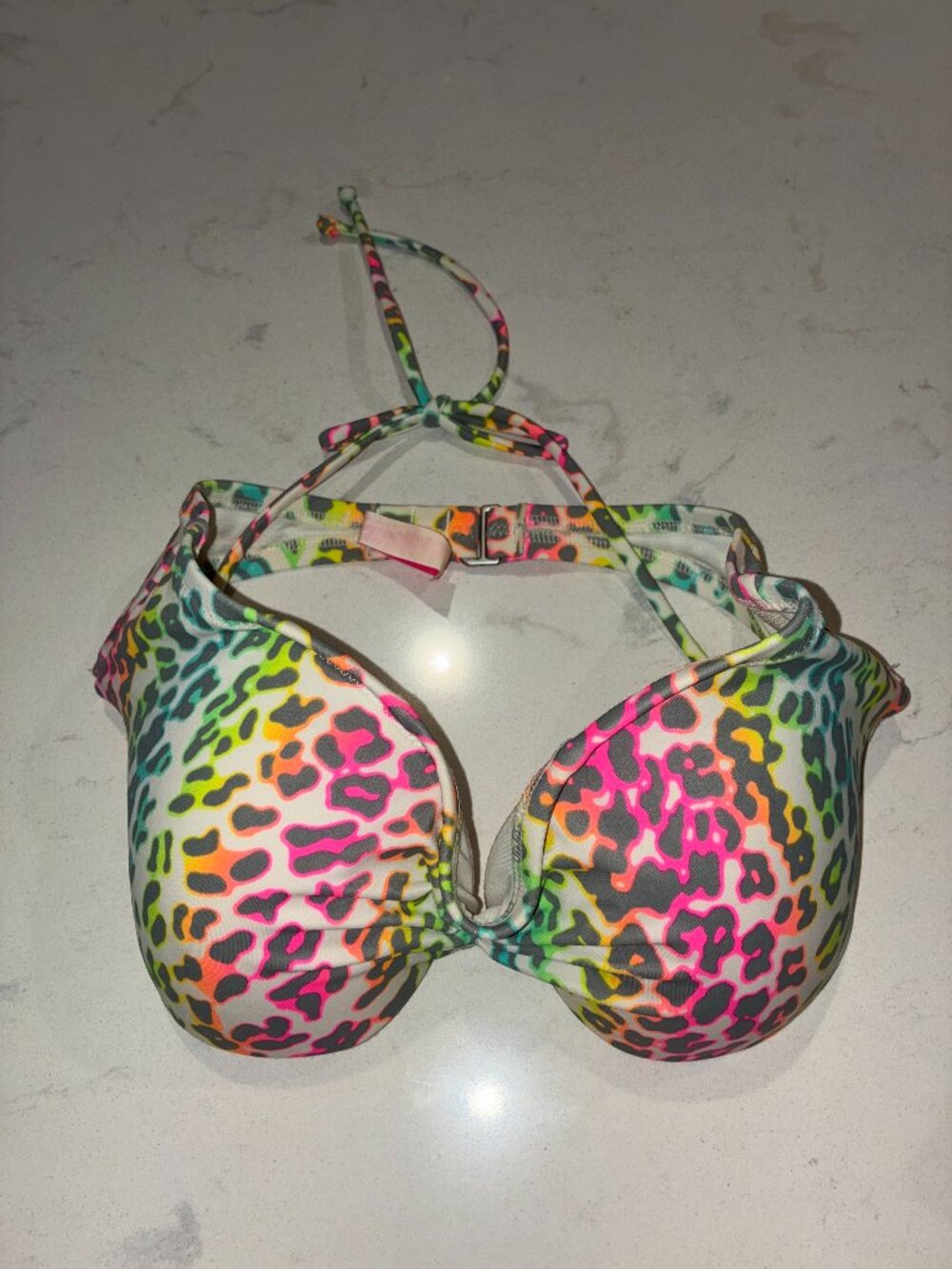 Victoria’s Secret 34C Bikini Top Neon Leopard Push Up Halter Underwire Y2K